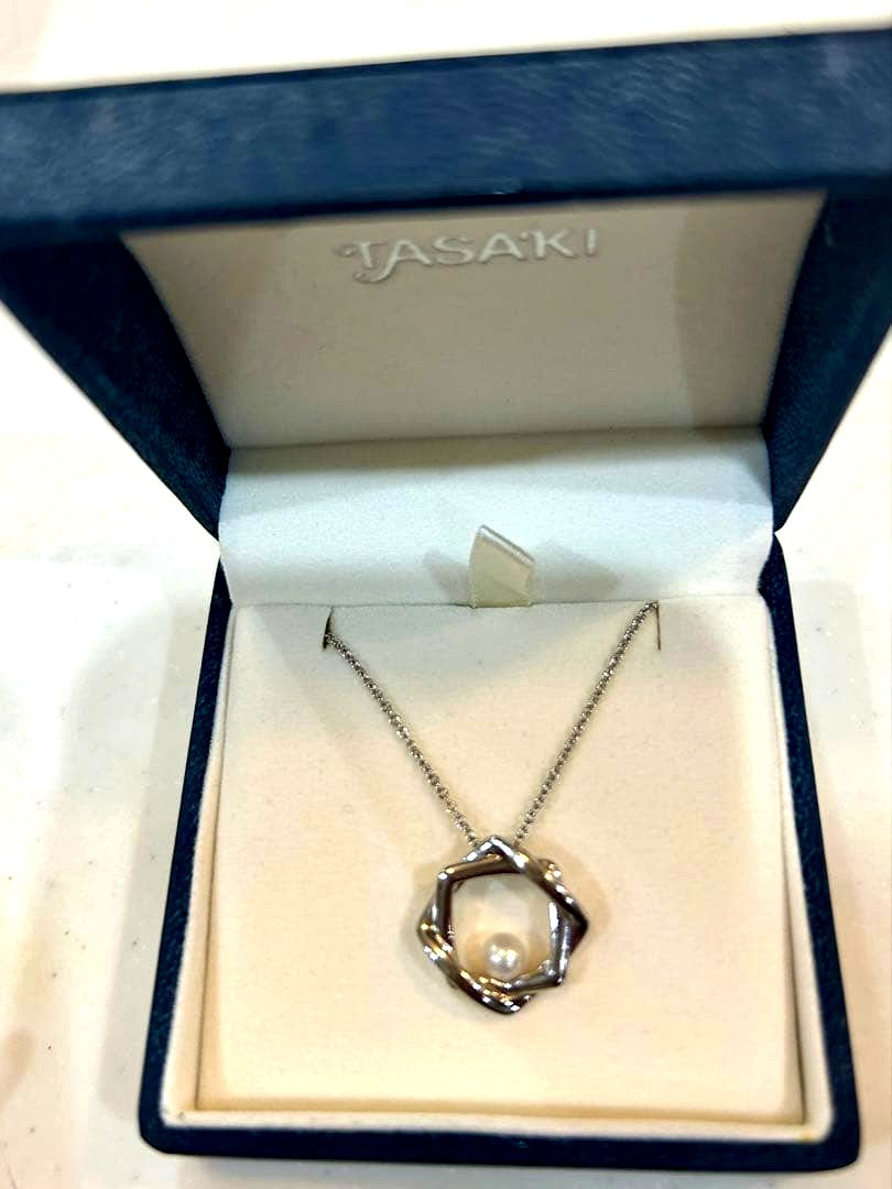 Tasaki baby pearl necklace with silver SV925 chain and pearl pendant displayed with a box