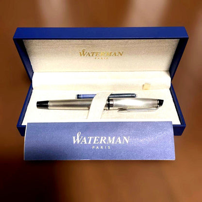 Waterman Fountain Pen Body in stainless steel with medium tip and dedicated case, showing engraving on grip part