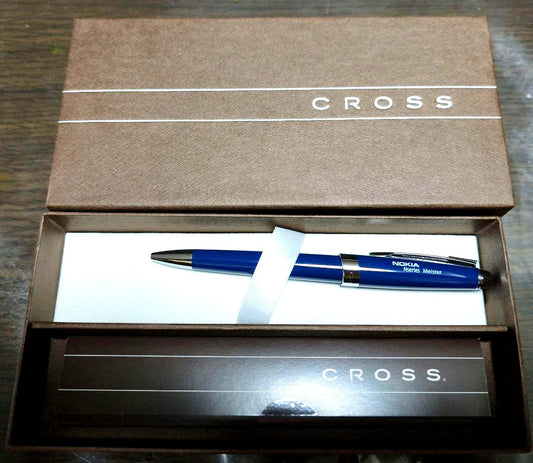 Cross Nokia Nseries Meister limited edition deep blue ballpoint pen with chrome clip and engraved logo shown with case