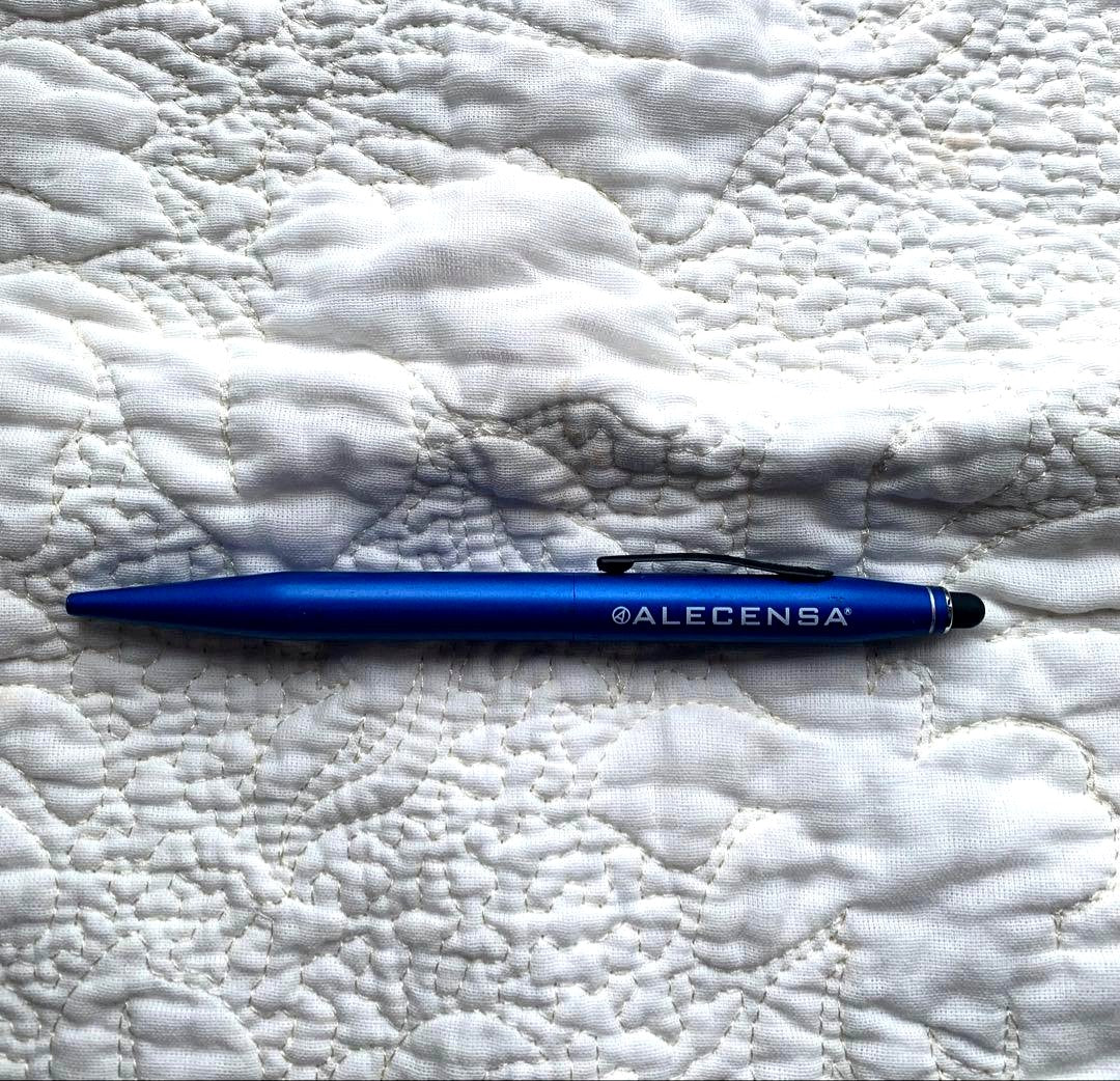 Cross Alecensa ballpoint pen with blue body and touch pen tip shown on white background