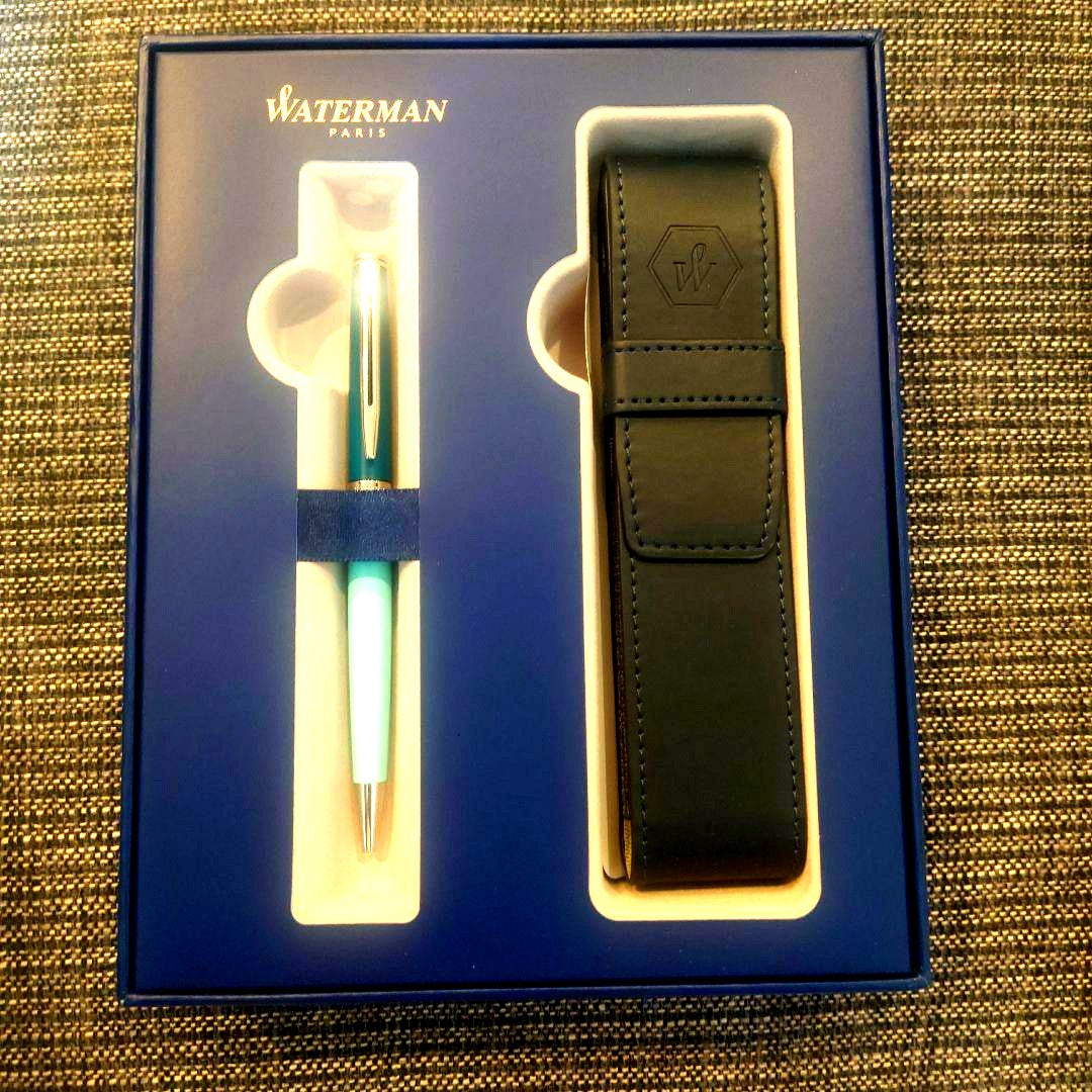 Waterman ballpoint pen in mint green with metal body and included mint green leather case