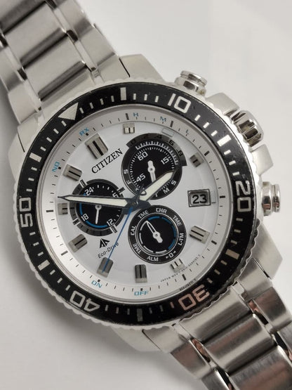 Citizen Eco-Drive Chronograph Alarm Panda Dial Solar Men's Watch — Japanese