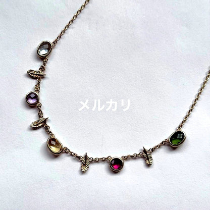 Agete silver 925 feather necklace with multi-color stones including blue topaz, amethyst, citrine, and tourmalines