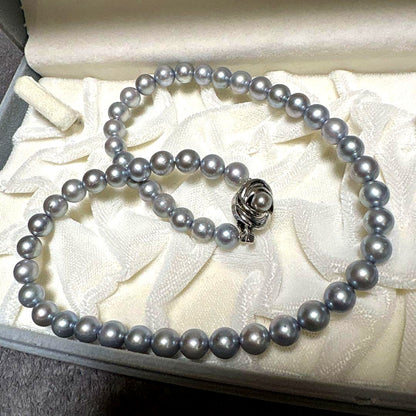 TASAKI Agoya Blue Pearl Necklace with gray pearls measuring 6.5-7.5 mm on a 40 cm strand