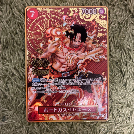 One Piece Portgas D. Ace 2nd Anniversary gold frame character card from Japan with model OP02-013