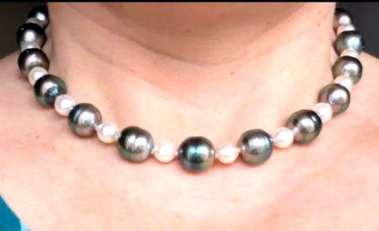 Kurocho Pearl Akoya Monotone Necklace with oval peacock green black pearls and round white pink Akoya pearls