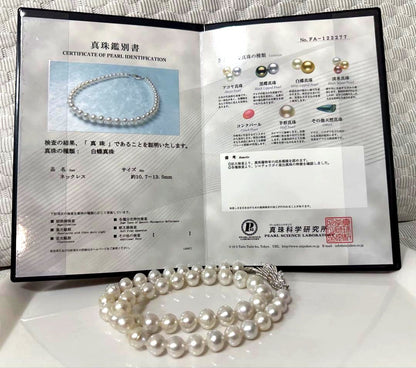 Nanyou white pearl necklace with pearls sized 10.7mm to 13.5mm, 59cm length, certified by Pearl Science Research Institute