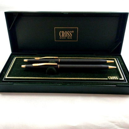 Cross Classic Century ballpoint pen and pencil set with metal body and black finish, old logo version