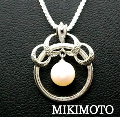 Mikimoto silver 925 necklace with 5mm genuine pearl and circle motif design in silver tone