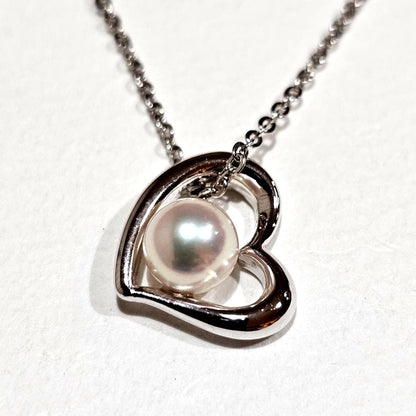 Tasaki pearl necklace with 6.6mm pearl on 45cm SV925 sterling silver chain featuring a heart motif