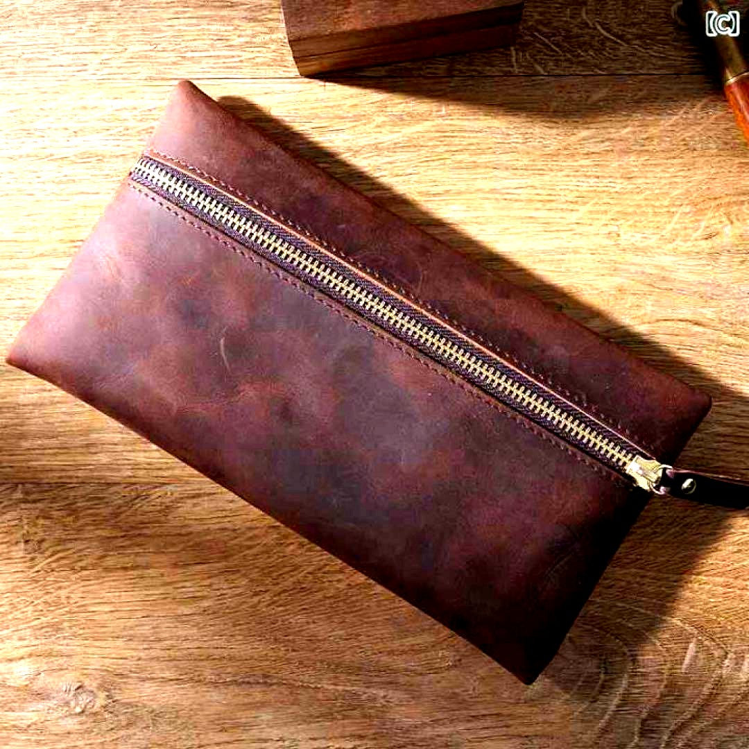 Crazy Horse Leather premium brown leather pen case with large capacity for office and school stationery