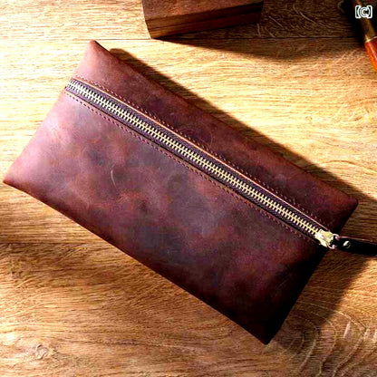 Crazy Horse Leather premium brown leather pen case with large capacity for office and school stationery
