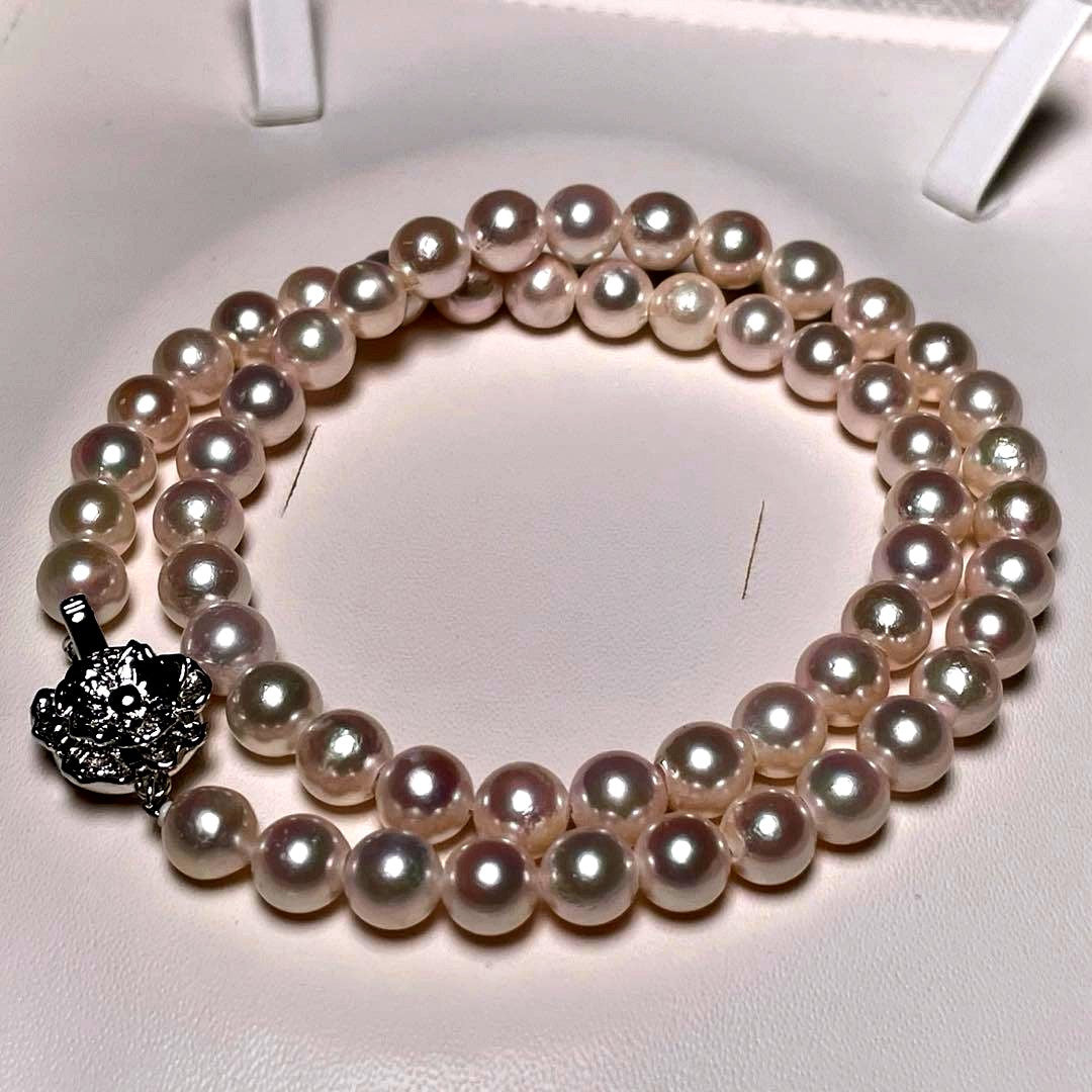 Terimaki Hanadama semi-round Akoya pearl necklace with 6.8-7.3mm white pearls and silver engraving