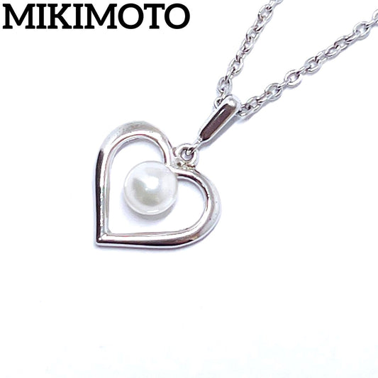 Mikimoto pearl necklace with 4.4mm pearls and silver heart pendant on a 39cm chain