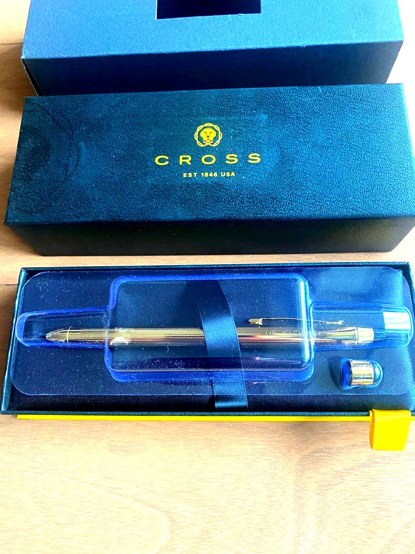 Cross gold ballpoint pen with engraved name and satin chrome cap ring showing EST 1846 Japan import