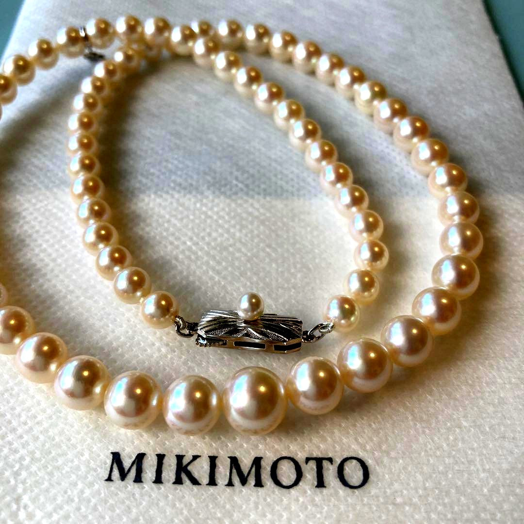 MIKIMOTO gradation pearl necklace with 5.8-9.1mm pearls, 48cm length, displayed on a white background