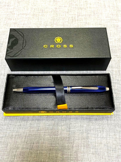 Cross Townsend ballpoint pen in quartz blue lacquer with gold accents, used condition