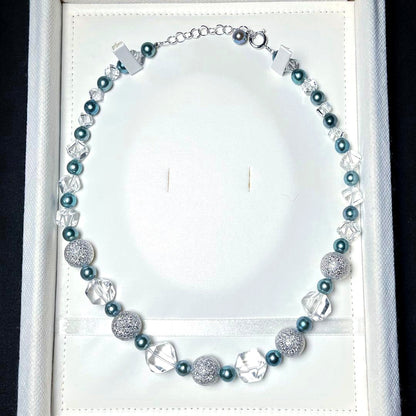 Akoya pearl necklace with mirror ball and crystal accents featuring 7.2-7.6mm round pearls on a 48cm silver chain