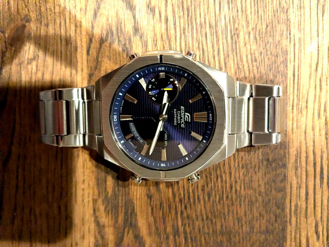 Casio Edifice ECB-S10YD-2AJF wristwatch showing blue dial and stainless steel band