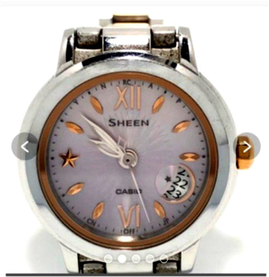 Casio Sheen SHW-1500 ladies watch with light purple dial, silver bezel, and silver gold stainless steel band