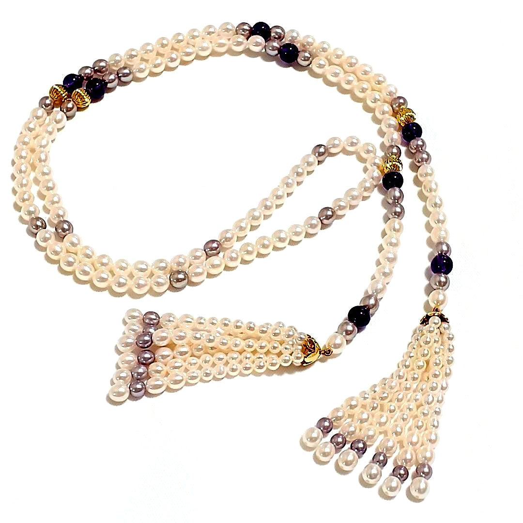 Akoya pearl amethyst fringed lariat necklace with gold-colored metal and freshwater pearl fringe