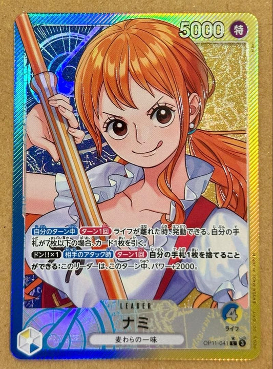 One Piece trading card featuring Nami L Leader Parallel OP11-041 from Japan import, stored in protective sleeve