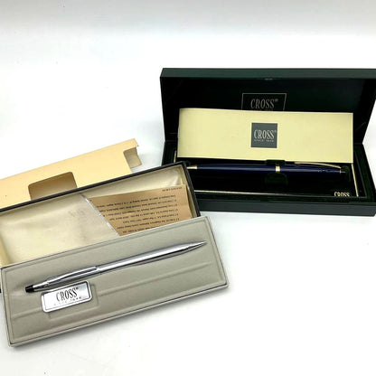 CROSS Ballpoint Pen and Sharp Pencil Set 10_16 in navy and gold color with black ink and silver finish