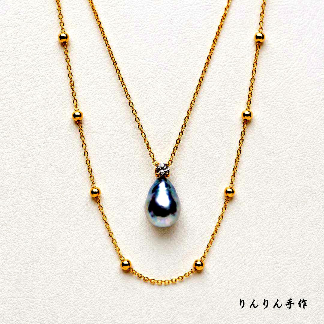Handmade Akoya pearl necklace with 11mm natural blue pearls, 20 cm length