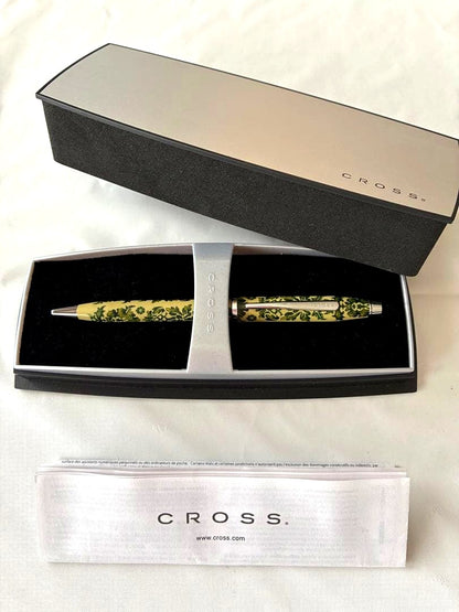 Cross ballpoint pen with green flower pattern on beige body, including box and instructions