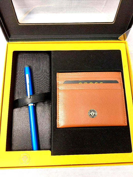 Cross ballpoint pen with blue brass resin body and chrome details alongside a brown leather card case