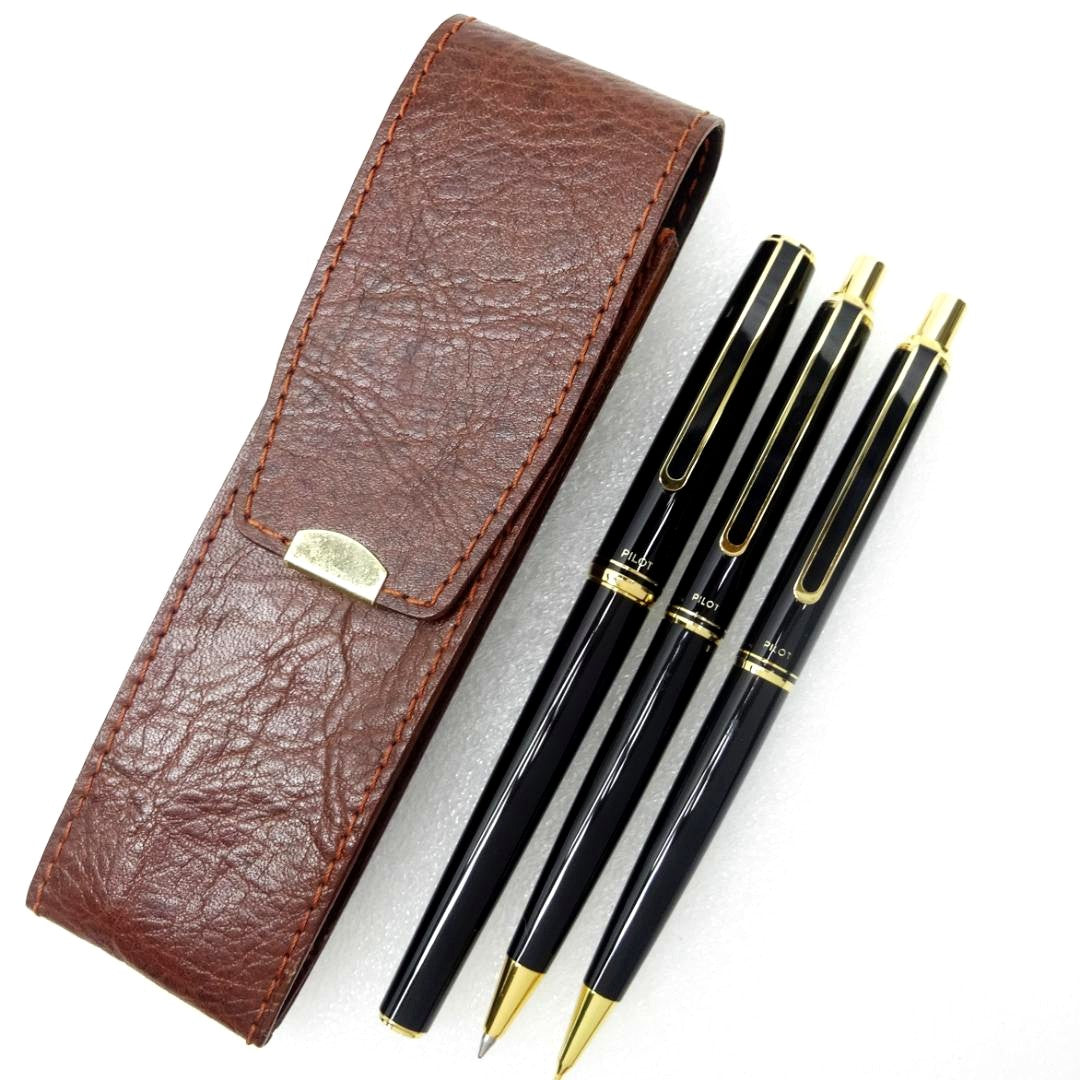 Pilot 14K fountain pen with fine nib, black ballpoint pen, and 0.5mm mechanical pencil in a set