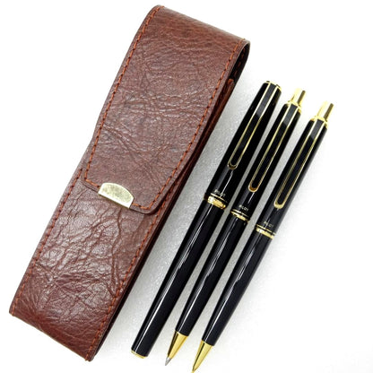 Pilot 14K fountain pen with fine nib, black ballpoint pen, and 0.5mm mechanical pencil in a set
