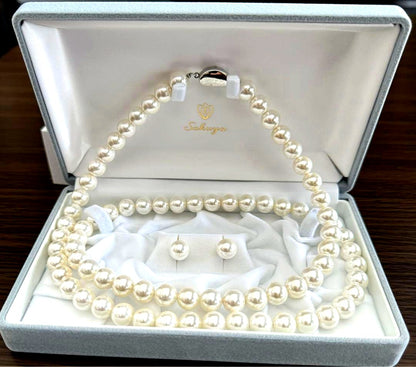 Shell pearl long necklace and matching earrings with 10mm white beads on brass rhodium plated metal