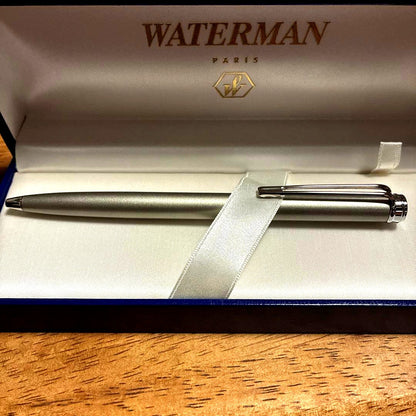 Waterman silver ballpoint pen with matte finish and chrome clip displayed with dedicated case