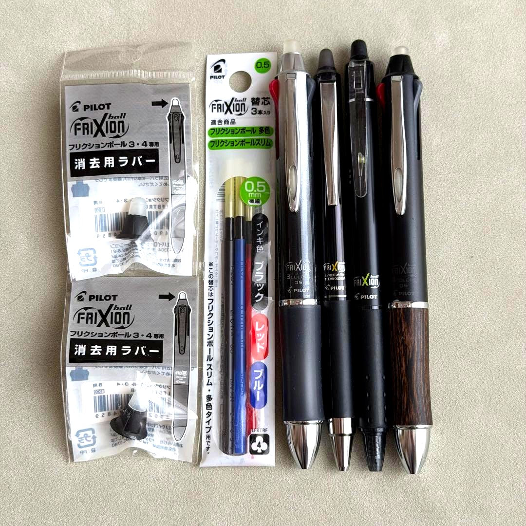 Pilot Friction Ballpoint Pen 7-piece set including wood, metal pens, and refill cartridges