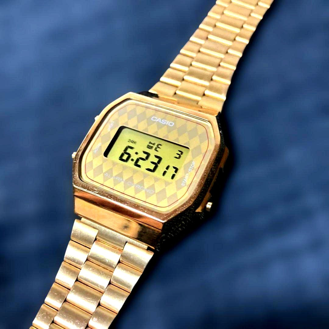 Casio A168 Gold Argyle Watch with gold-colored body and argyle pattern Japan import