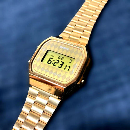 Casio A168 Gold Argyle Watch with gold-colored body and argyle pattern Japan import