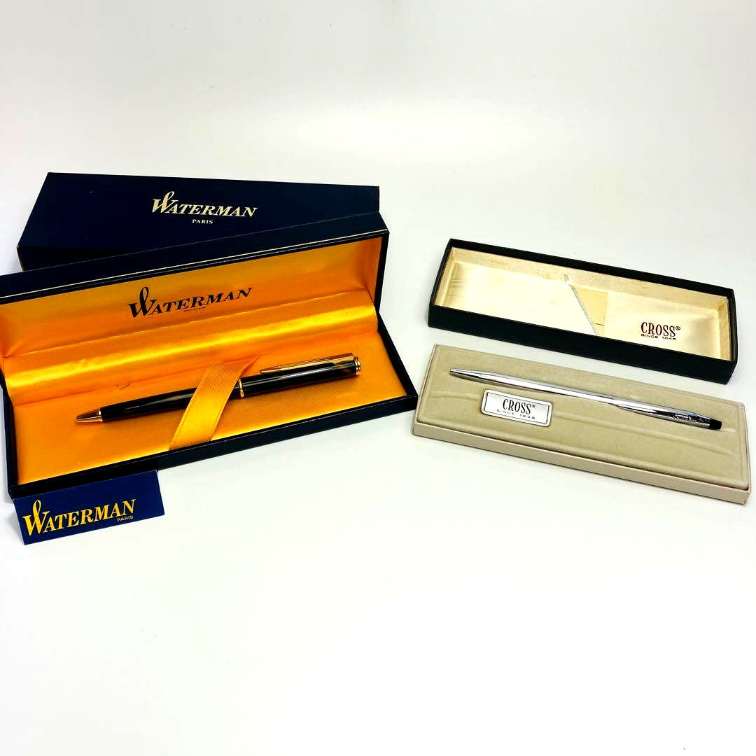 Set of Waterman knock ballpoint pen with case and Cross chrome twist ballpoint pen with box