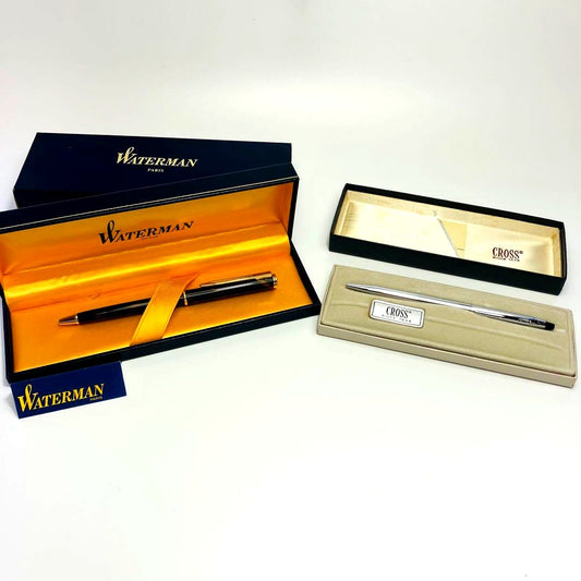 Set of Waterman knock ballpoint pen with case and Cross chrome twist ballpoint pen with box