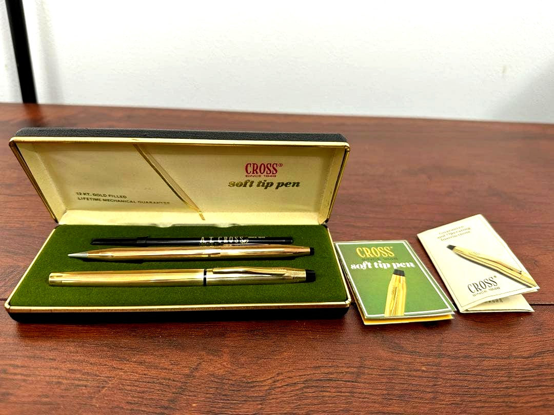 Cross 12K gold filled soft tip pen and mechanical pencil set with case and accessories