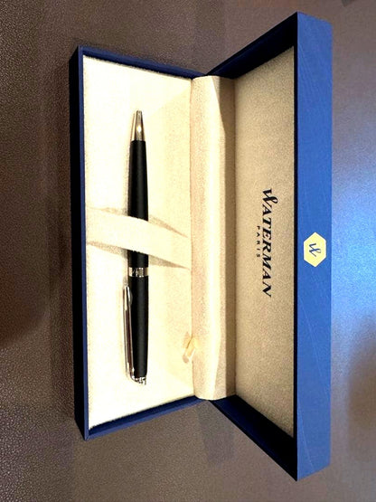 Waterman black metal ballpoint pen shown with its dedicated case, kept in original packaging