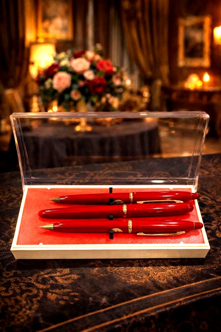 Pilot ballpoint pen mechanical pencil and fountain pen set in red and gold cracked case, showing wear and rust