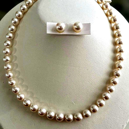 Akoya Pearl Hanadama necklace with 8.5 to 9mm pearls paired with K 14WG and silver earrings set