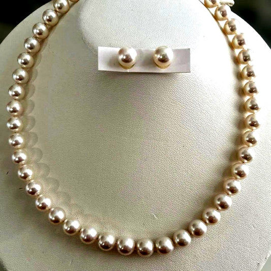 Akoya Pearl Hanadama necklace with 8.5 to 9mm pearls paired with K 14WG and silver earrings set