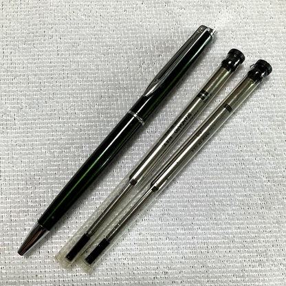 Waterman Metropolitan ballpoint pen in dark green metal with double loop clip and two additional refills