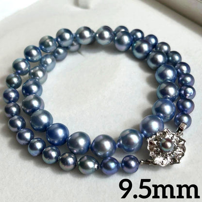 9.5mm Akoya pearl necklace in sky blue with bright luster and silver metal fittings, 43.5cm long weighing 42g
