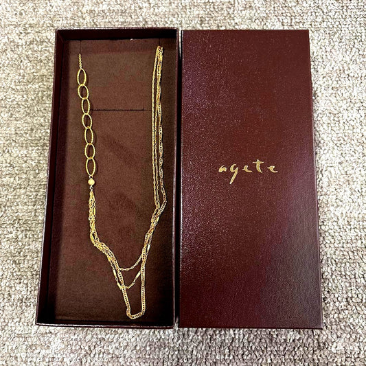 agete K14GF gold necklace with mixed chain layered design, 84 cm length