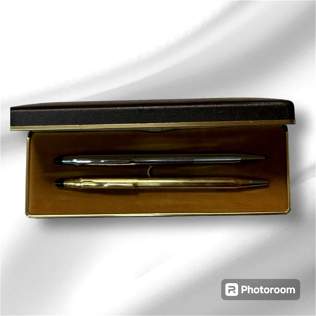 CROSS ballpoint pen set with one gold pen with blue ink and one silver pen without ink imported from Japan