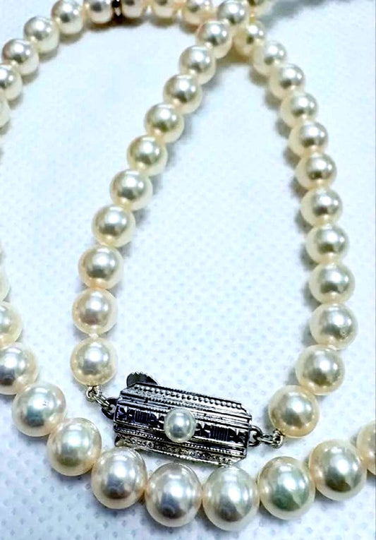 Mikimoto pearl necklace featuring 71 Akoya pearls sized 6.5 to 6.0mm with silver clasp and M logo charm