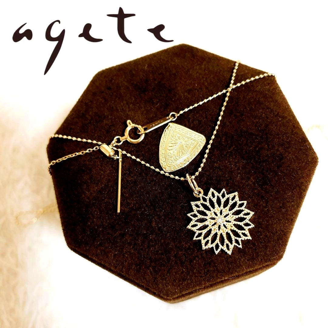 Agete K10 hollow gold necklace with flower motif and adjustable ball-slider clasp